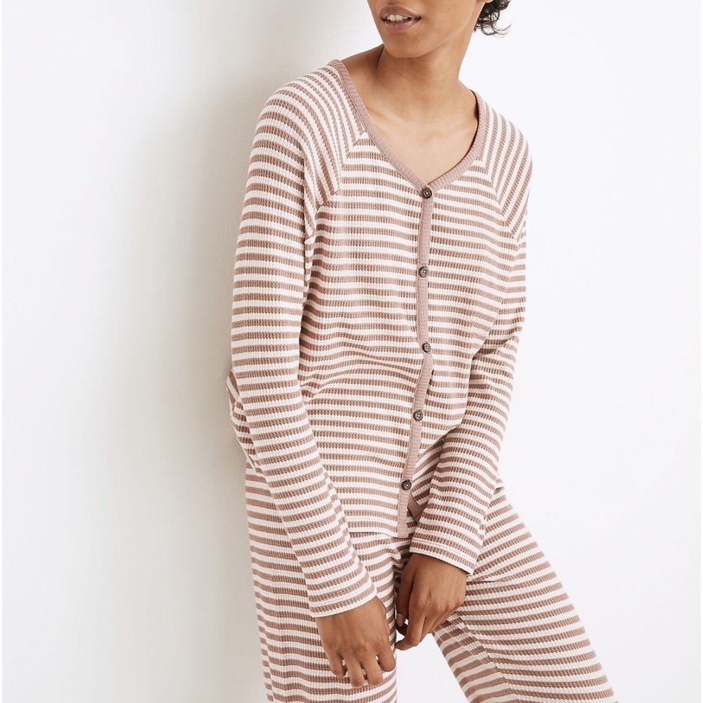 Madewell Mauve White Stripe Waffle Knit V-Neck Long Sleeve Button Up - Small